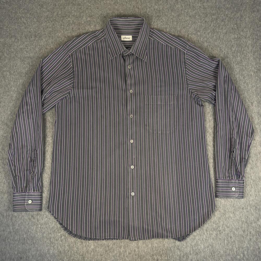 Brioni Dress Shirt Mens XL Purple Stripe Twill Long Sleeve Point Collar Italy